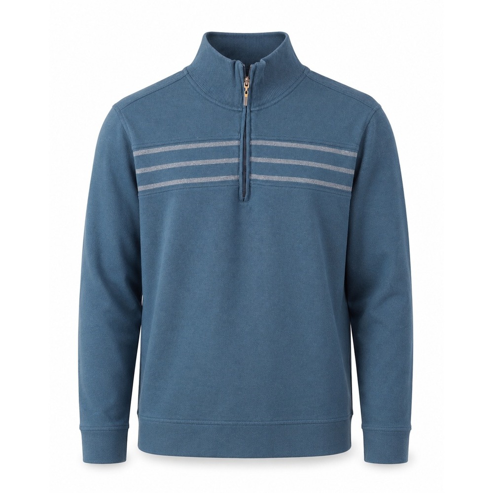 Van Heusen Mens Medium Teal Blue Quarter Zip Pullover Striped Chest Sweater